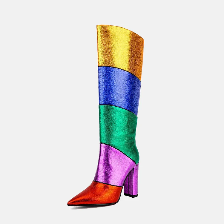 Metallic Colorblock Pointed Toe Chunky Heel Boots-Rainbow