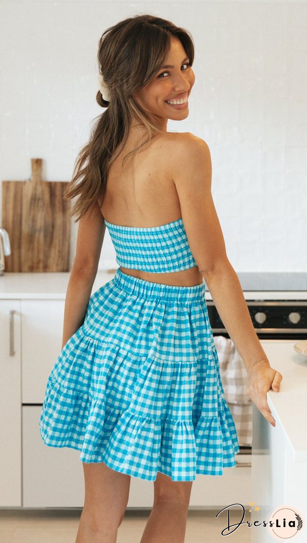 Blue Gingham Print Crop Top and Skirt Sets