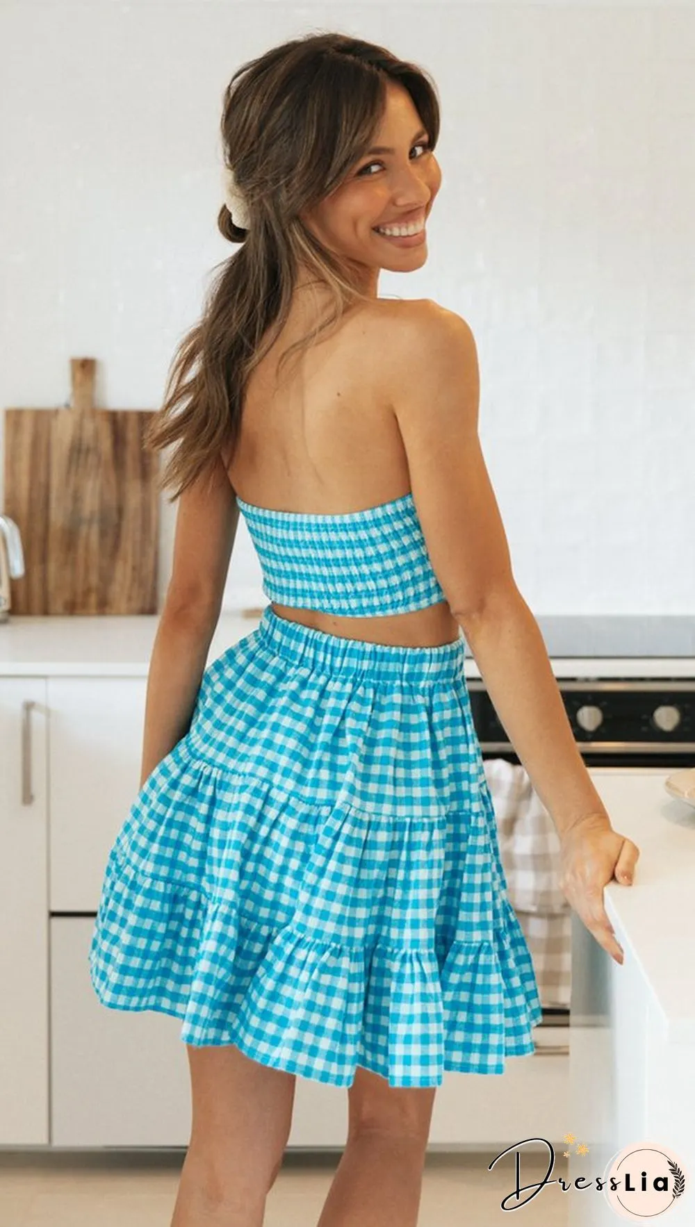 Blue Gingham Print Crop Top and Skirt Sets