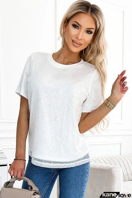 Sequin Round Neck Short Sleeve T-Shirt