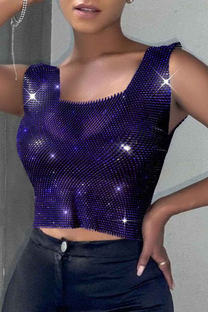 Blue Sexy Solid Split Joint Square Collar Tops
