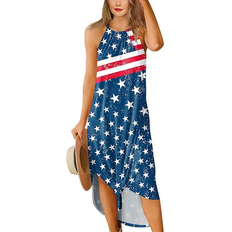 American Patriotic Print Women's Dress Casual Split Suspender Maxi Dress