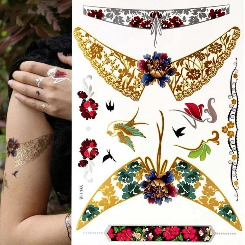 Flash Metallic Waterproof Temporary Tattoo Gold Silver Tatoo Women Henna Mandala Flower Lace Taty Indian Arabic Tattoo Sticker