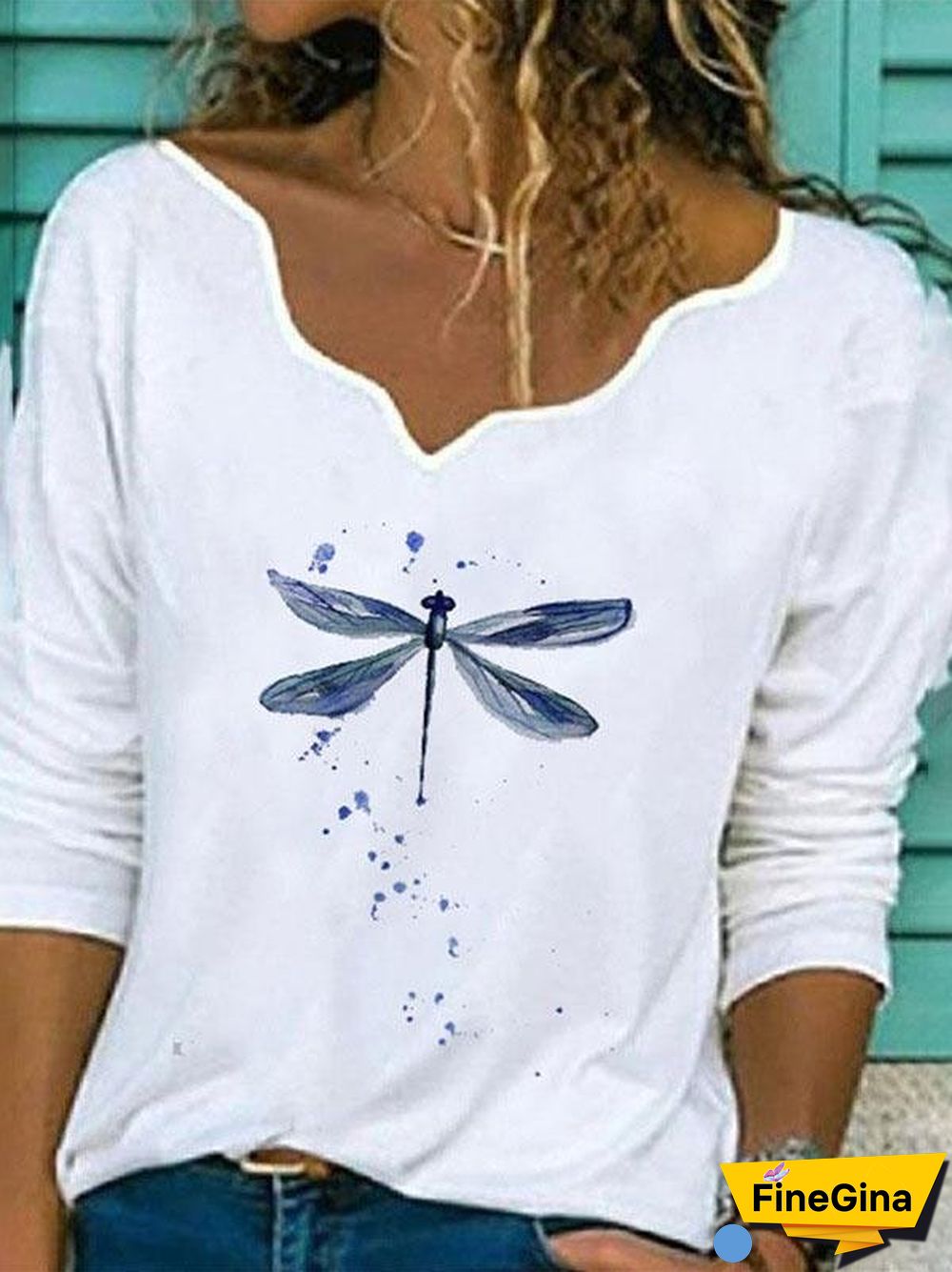 Women Dragonfly Printed V Neck Long Sleeve T-shirts