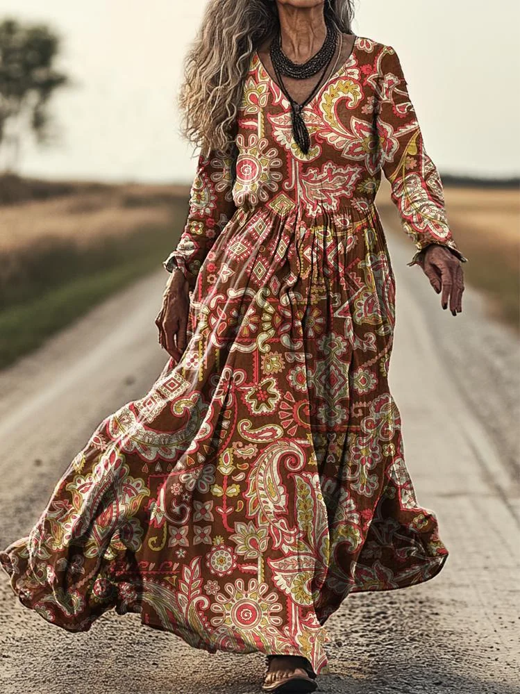 Women's Boho Ethnic Floral Art Pattern Print Pocket Cotton Dress