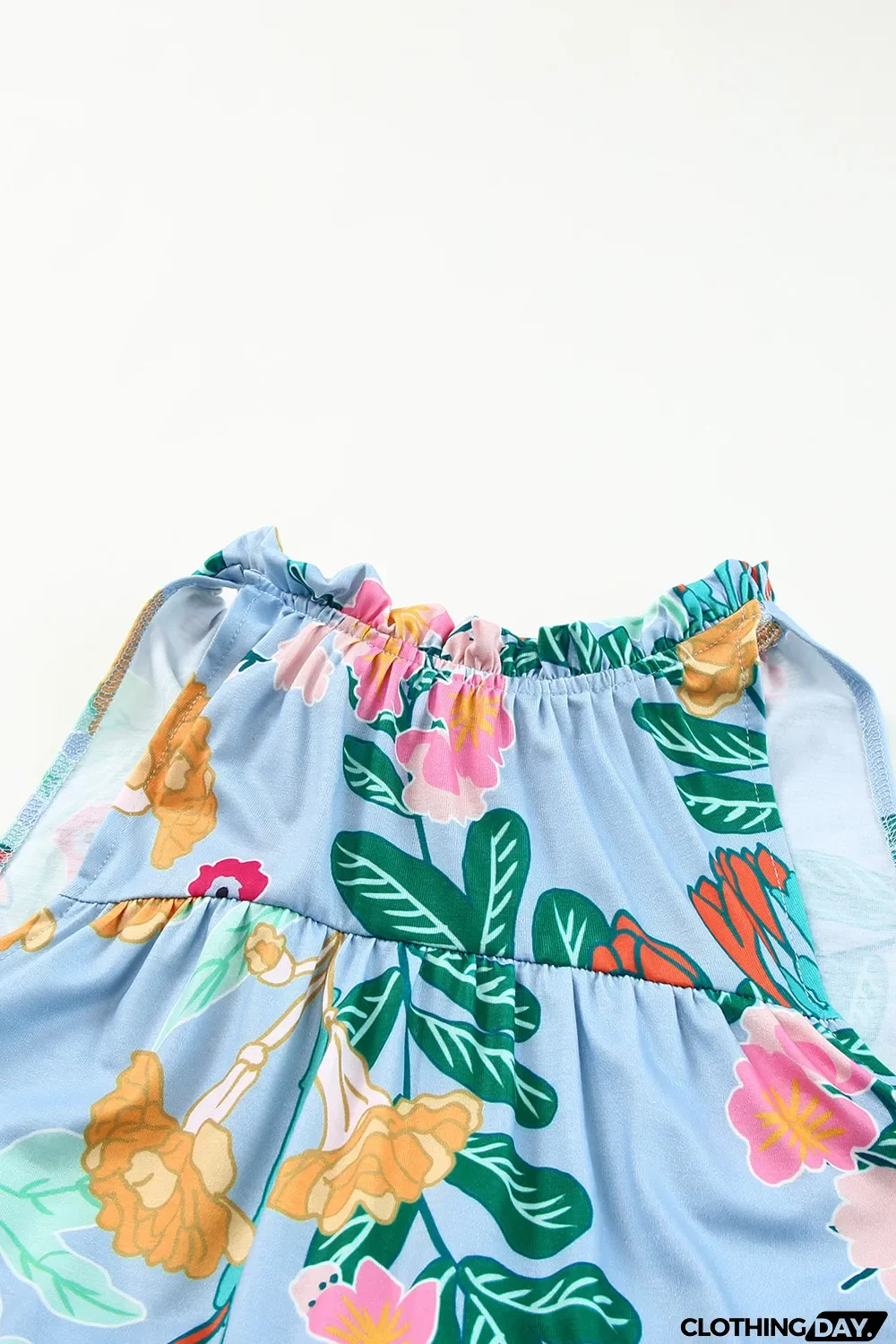 Sky Blue Floral Print Ruffled Lace-up Mock Neck Mini Dress