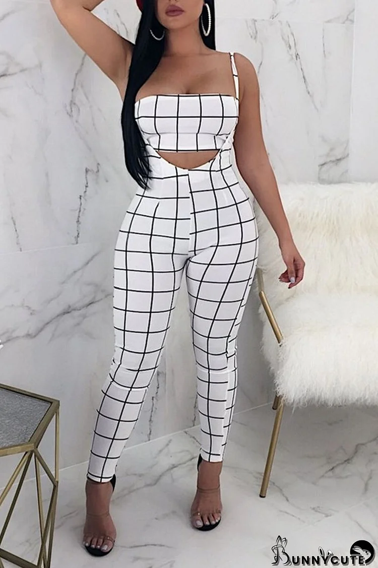 White Sexy Plaid Print Split Joint Spaghetti Strap Sleeveless Two Pieces