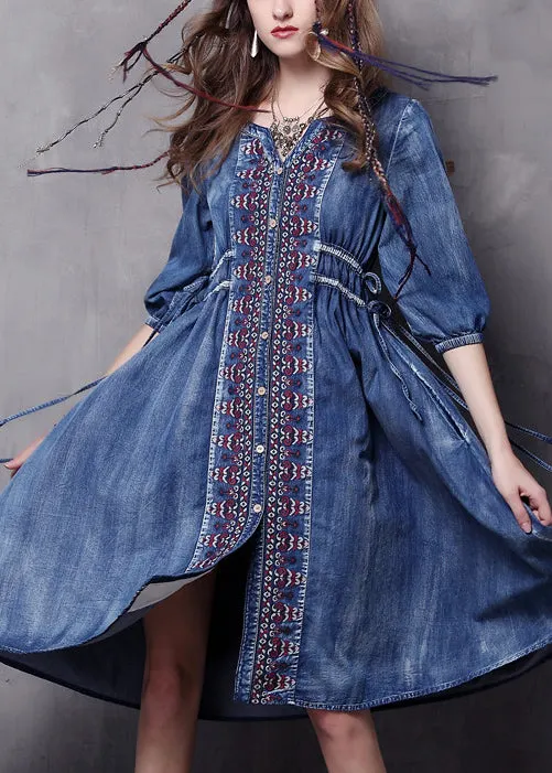 Beautiful Blue V Neck Embroidered Cotton Vacation Denim Dresses Half Sleeve