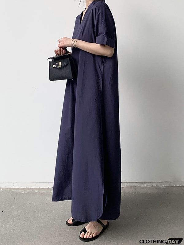 Loose Short Sleeves Solid Color V-Neck Maxi Dresses