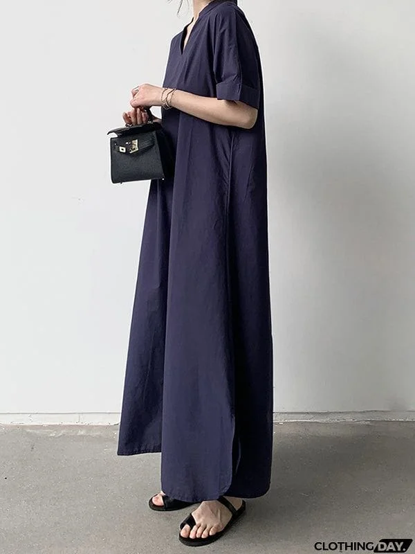 Loose Short Sleeves Solid Color V-Neck Maxi Dresses