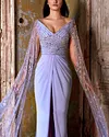 WIDE V-NECK WITH HAND EMROIDERY CAPE SLEEVES AND HIGH SLIT