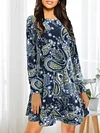 Vibrant Allover Print Crew Neck Loose Fit Dress - Women's Vintage Long Sleeve Dresses for Spring & Fall - Comfortable, Relaxed Style Clothing with Crew Neck Design