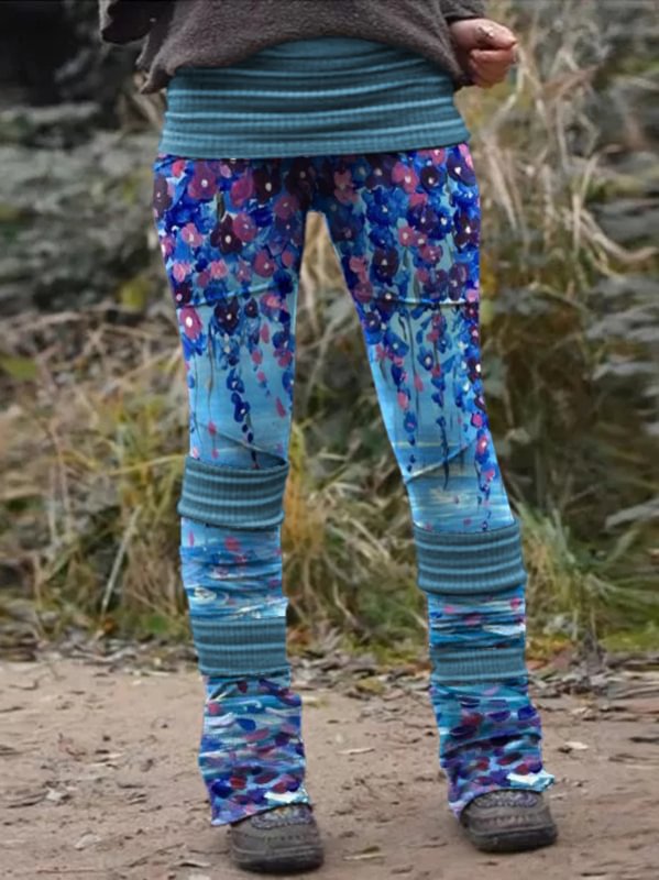 Retro floral print stitched thermal integrated Leggings