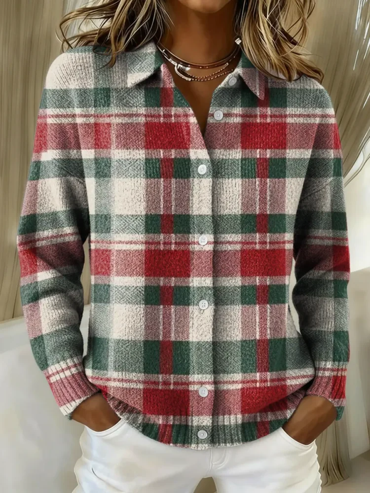 Women's Retro Christmas Stripes Printed Collared Sweater