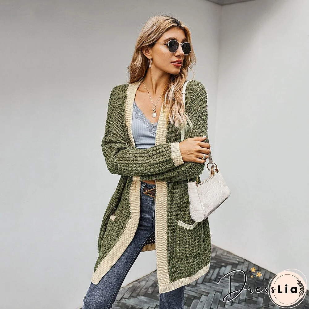 Sale Women Stitching Cardigan Jacket Patchwork Knitted Coat With Pocket Long Sleeve Soft Long Female Sweaters Casual Outwear D30