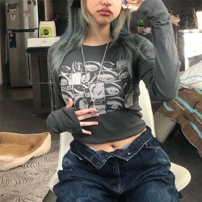 Xingqing Rhinestone Crop Tops Graphic Print Y2K Grunge Clothes Aesthetic Fairycore Retro Tee Vintage Harajuku Cute Tshirts