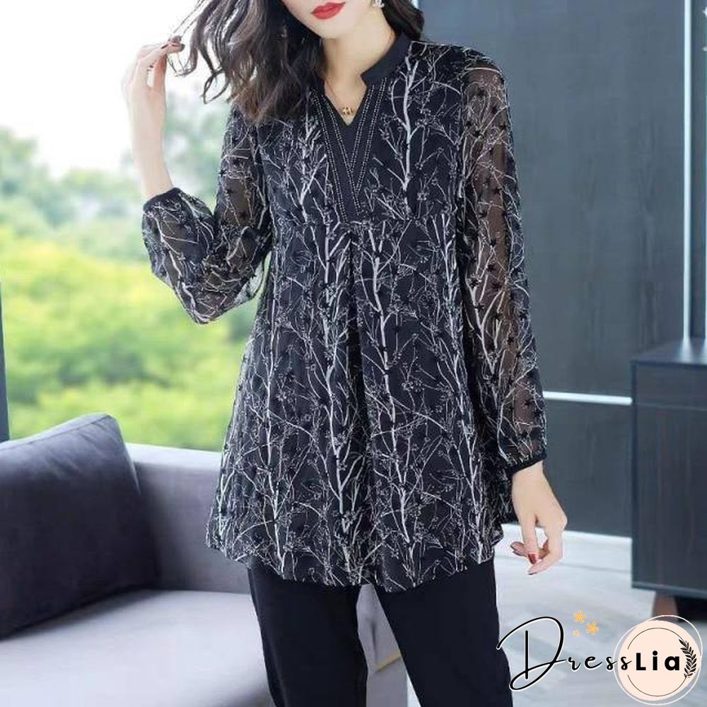Fashion Women Spring Summer Style Chiffon Blouses Women Csual Long Sleeve Plus Size Print Loose Shirt Elegant Women Tops DF3618
