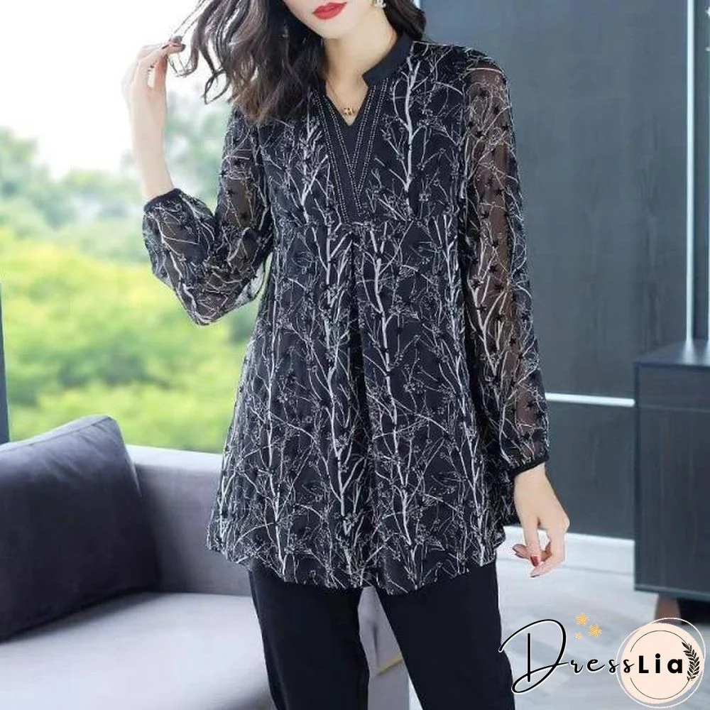 Fashion Women Spring Summer Style Chiffon Blouses Women Csual Long Sleeve Plus Size Print Loose Shirt Elegant Women Tops DF3618