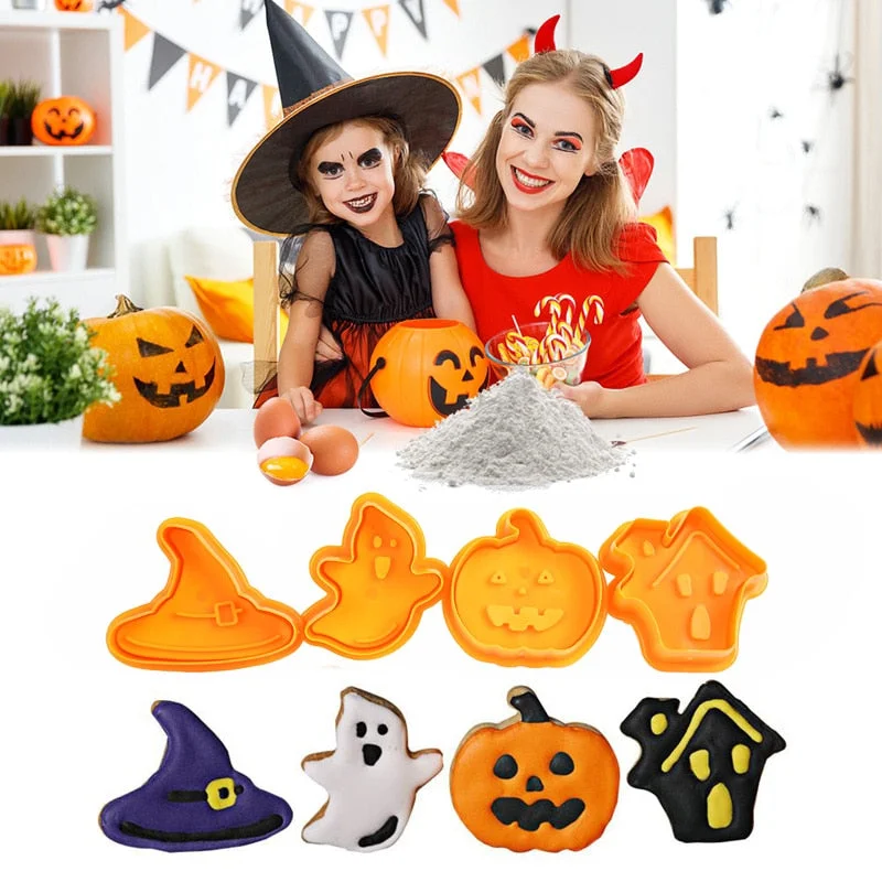 4pcs Halloween Party Decoration Pumpkin Ghost Theme Plastic Cookie Cutter Plunger Fondant Chocolate Mold Cake Decorating Tools
