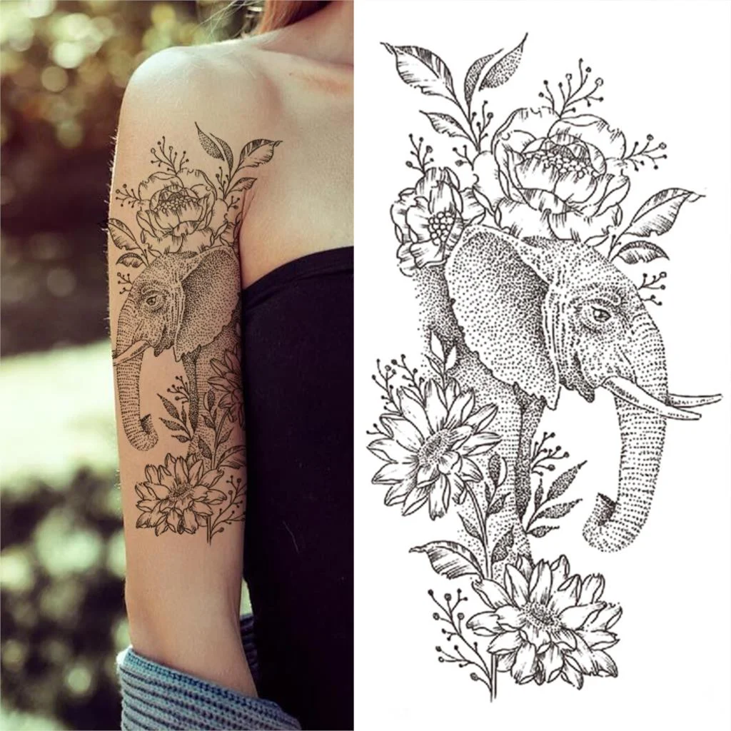 Geometry Rose Flower Temporary Tattoos For Women Girls Black Butterfly Bird Tattoo Sticker Fake Peony Geometric Body Art Tattos