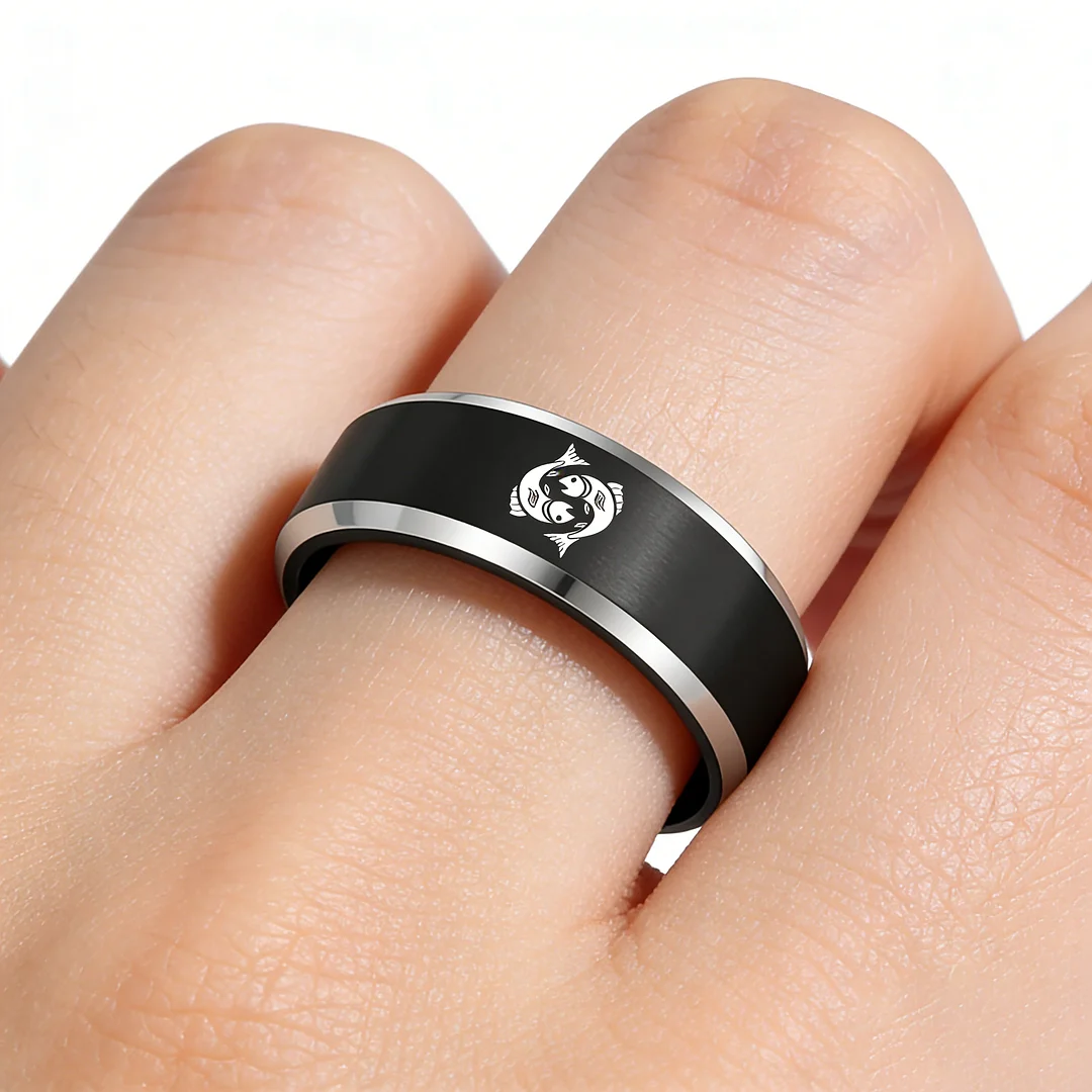 Mens Womens Black Pisces Tungsten Carbide Rings Black Edges and Laser Etched Wedding Bands Comfort Fit 4MM 6MM 8MM