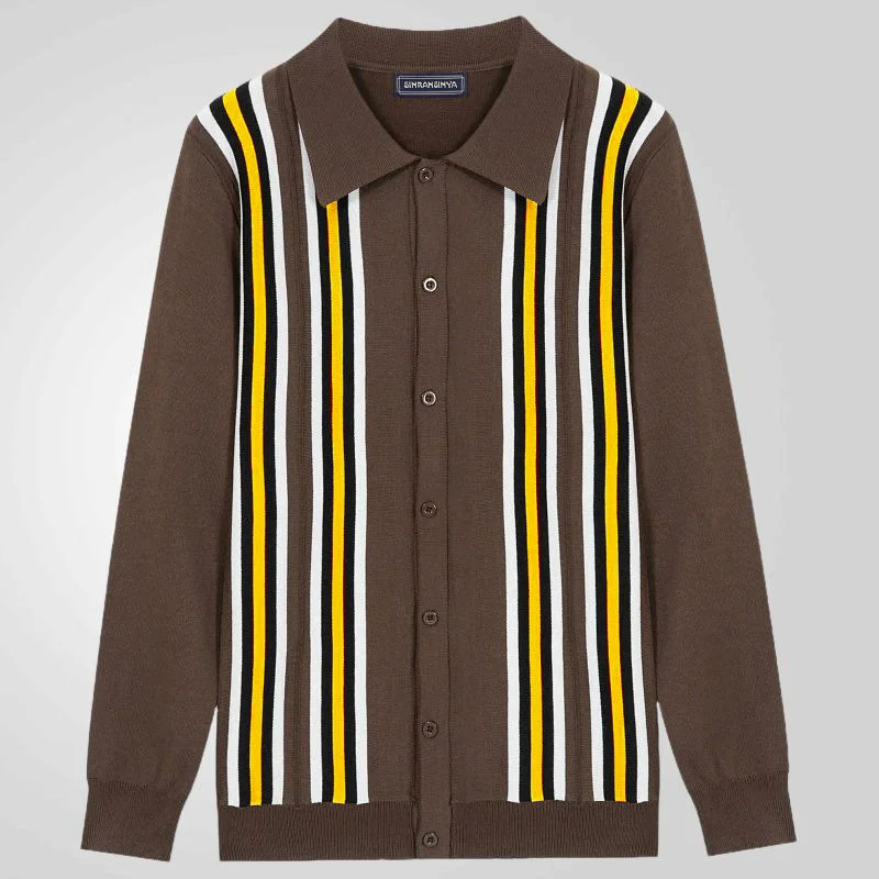 Uveng Uveng Men's Men's Spring Thin Knits Business Casual Long Sleeve Striped Polo Shirts