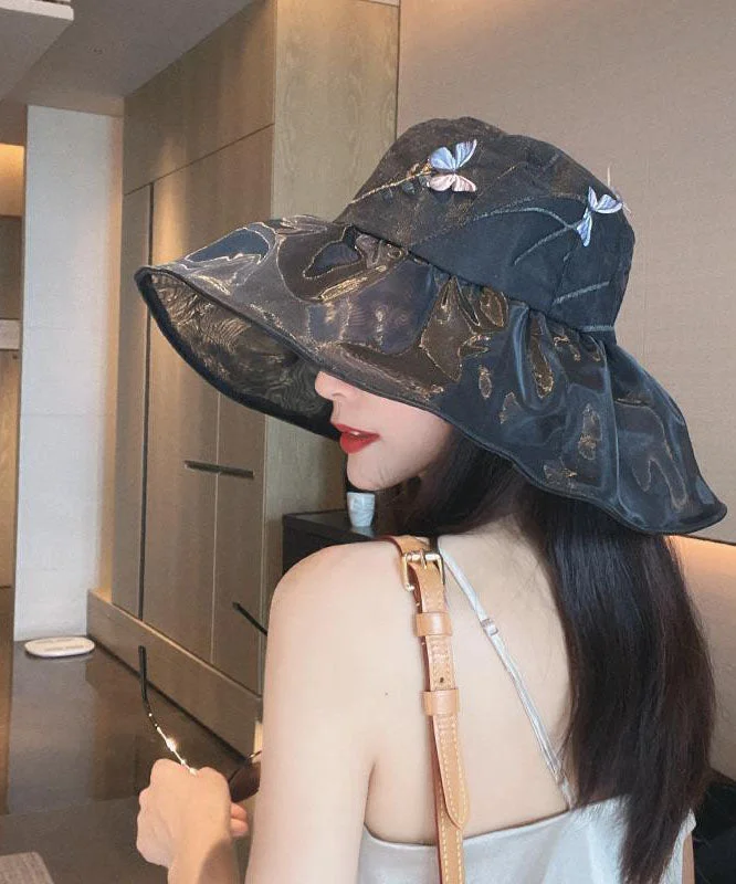 Elegant Black Butterfly Embroideried Tulle Floppy Sun Hat