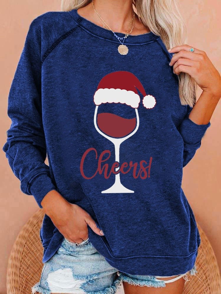 Women's Christmas Cheers Wine Glass Print Casual Sweatshirt