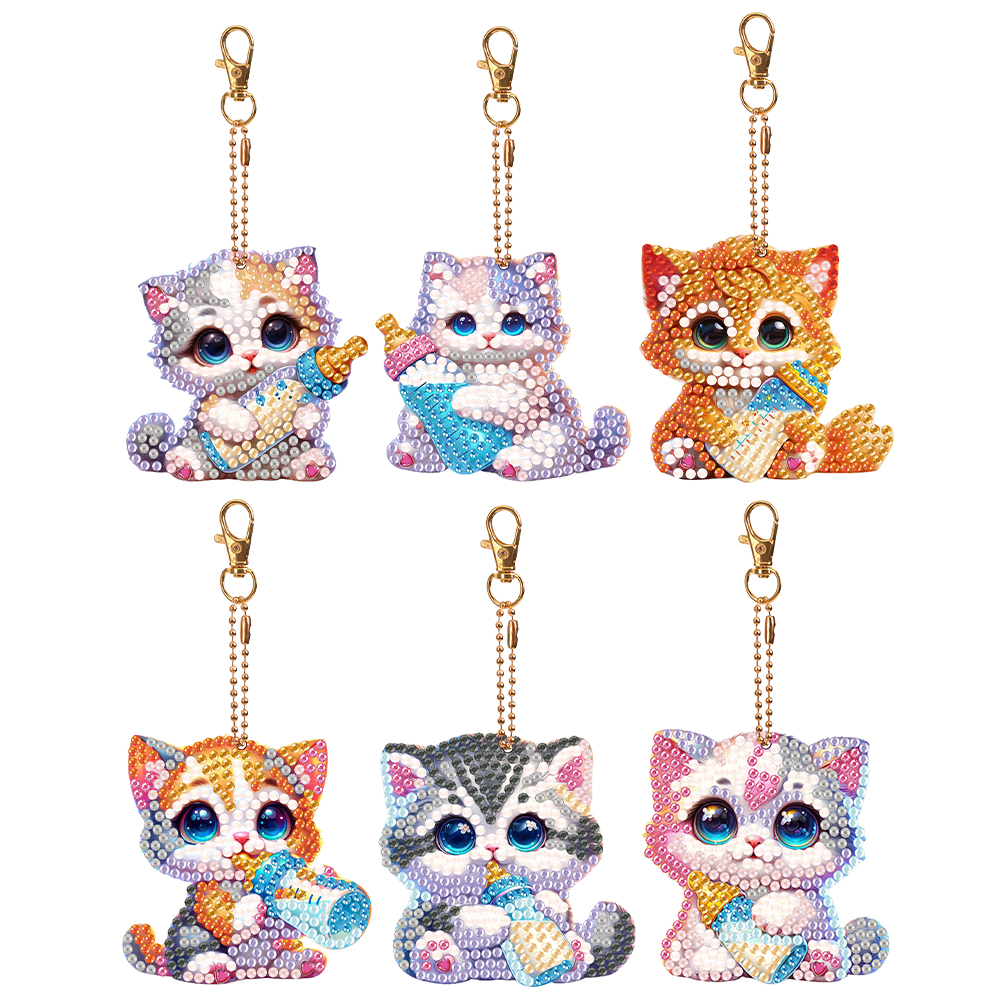 6Pcs Double Side Diamond Art Keyring Keychain Pendant for Home Decor (Cute Cats)