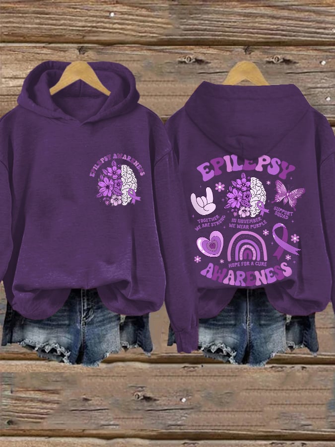 Retro Epilepsy Awareness  In November We Wear Purple Brain Purple Ribbon Support Squad Print Hoodie