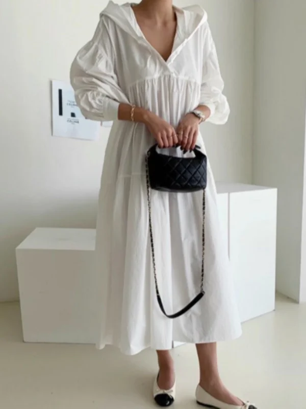 Urban Solid Color Pleated Long Sleeves Hooded Midi Dress