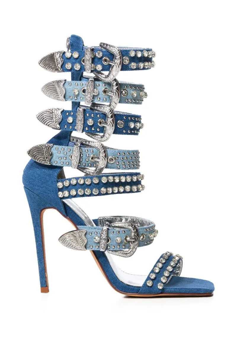  VCshoes Black/White / Blue High Heel Sandals  Crystal Rivet Belt Buckle Women Patchwork Peep Toe Sandals Square Toe