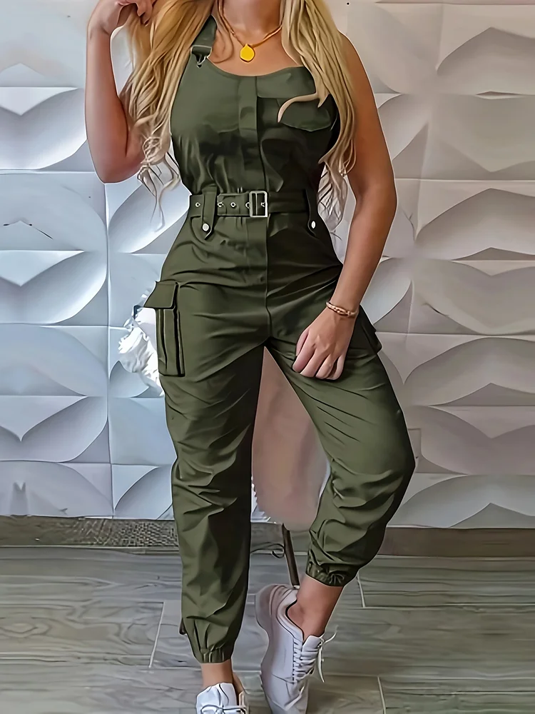 Women's Olive Green Casual Sleeveless Jumpsuit - Slim Fit Elastic Waist With Pockets, Machine Washable Lightweight Romper For Summer & All-Season Wear, Versatile Clothing, Chic Style, Durable Clothing, Trendy Women, Casual Attire, Stylish Outfit