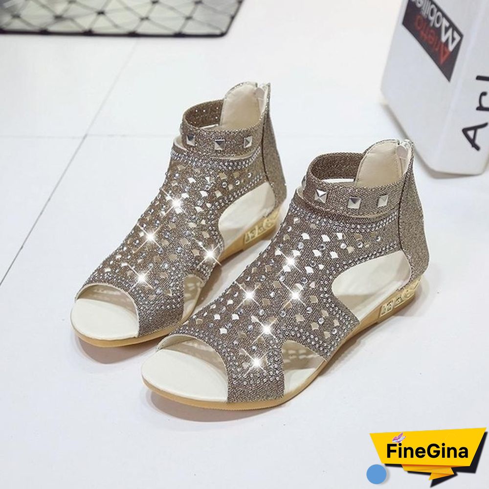 Summer Women's New Rhinestone Sandals Metal Hollow-out Roman Wedge Shoes
