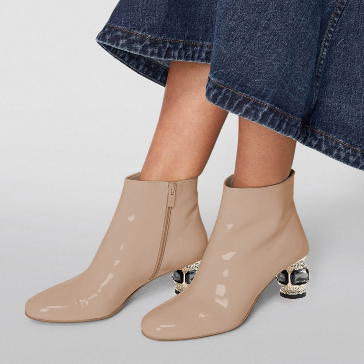 Beige Patent Leather Round Toe Decorative Heel Side-Zip Ankle Boots Nicepairs