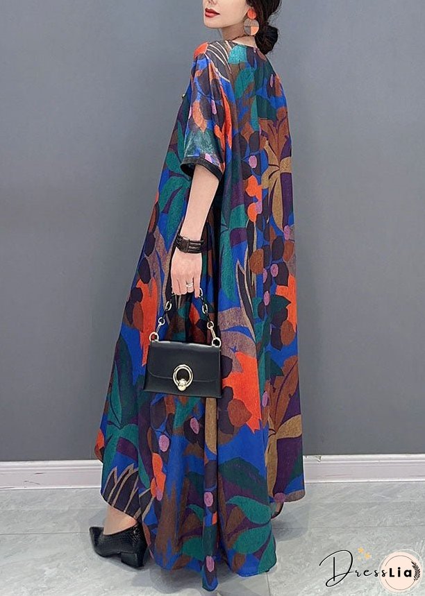 Natural Colorblock V Neck Print Patchwork Cotton Dress Short Sleeve