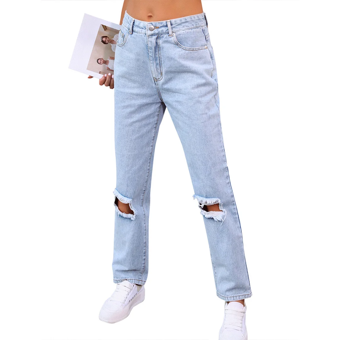 Women's High Waist Wide Legs Loose Ripped Straight Denim Jeans