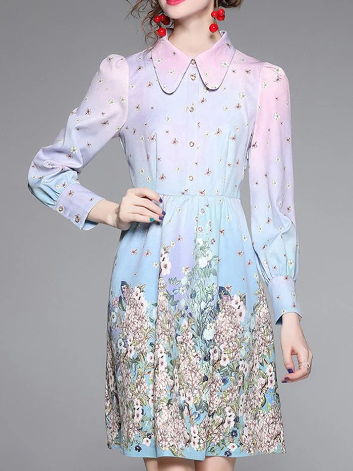 Printed Long-sleeved Single-breasted Dress