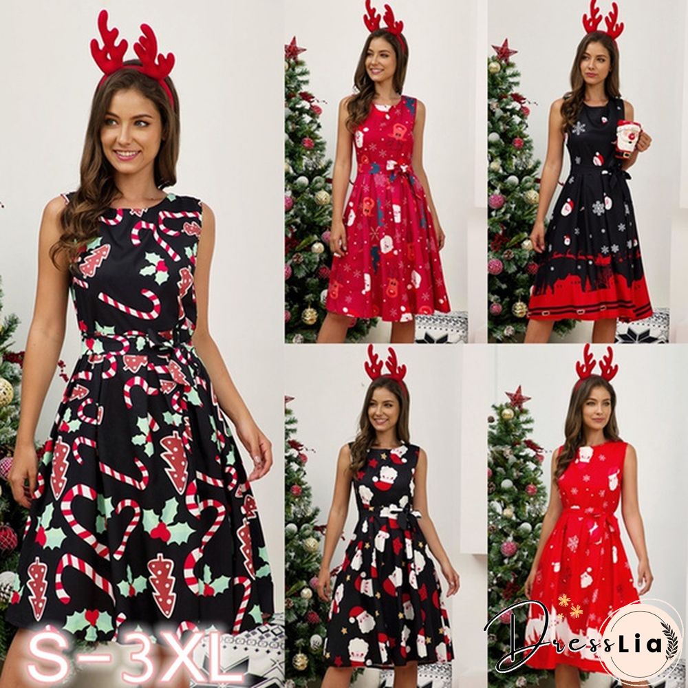 Womens Vintage Sleeveless Santa Christmas 1950s Retro Xmas Evening Prom Swing Dress