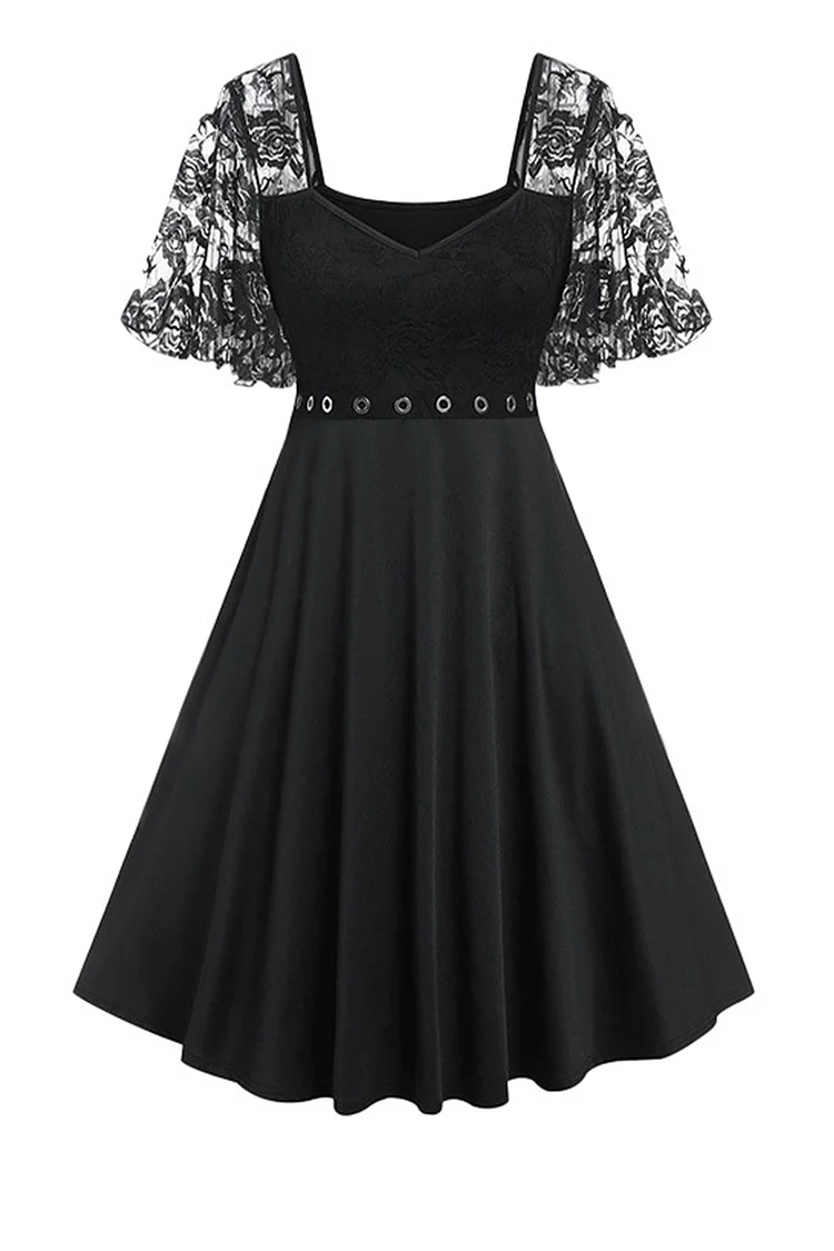 Gothic Black Casual Lace Patchwork V Neck Flare Sleeve Grommet Tunic Midi Dress