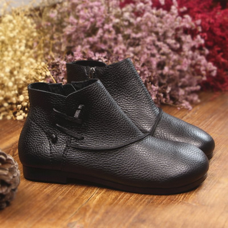 Handmade Retro Cowhide Booties With Round Heads And Flat Bottoms-PABIUYOU- Women's Fashion Leader