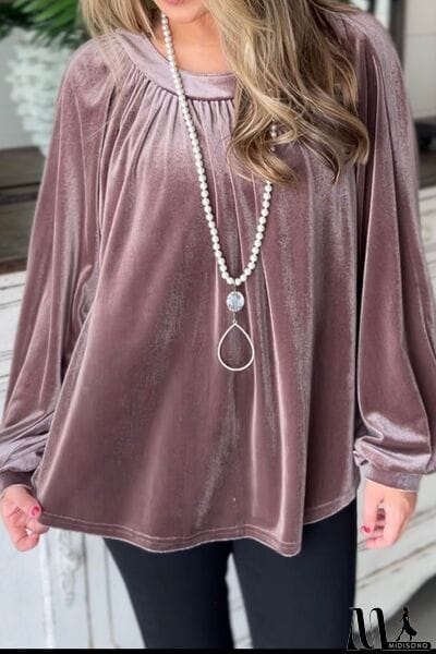MidiSono - Ruched Round Neck Raglan Sleeve Blouse
