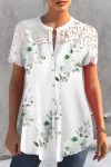 Plus Size Floral Print Lace Stitching Short Sleeve Button Up Blouse