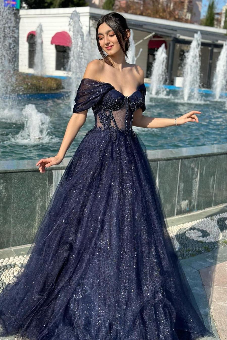 Lvs&Broner Dark Navy Off the Shoulder Sweetheart Mermaid Long Prom Dress With Appliques