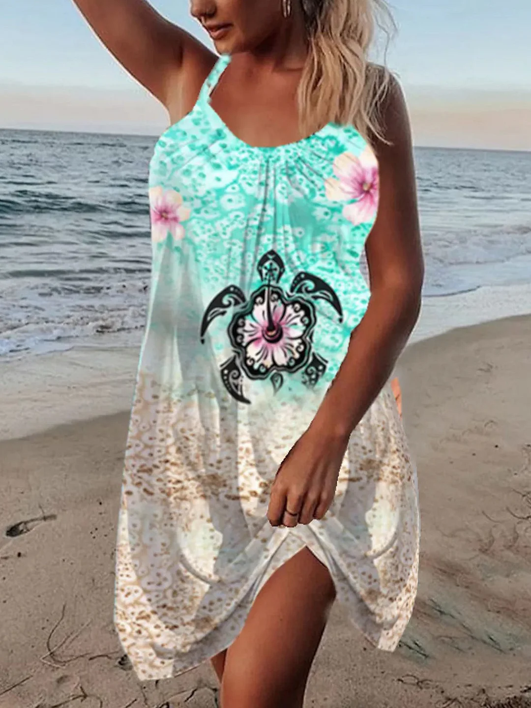 Printed U-Neck Sleeveless Sling Dress