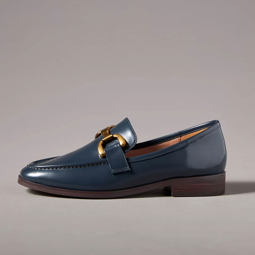 Black Faux Suede Round Toe Flat Formal Loafers with Chain Nicepairs