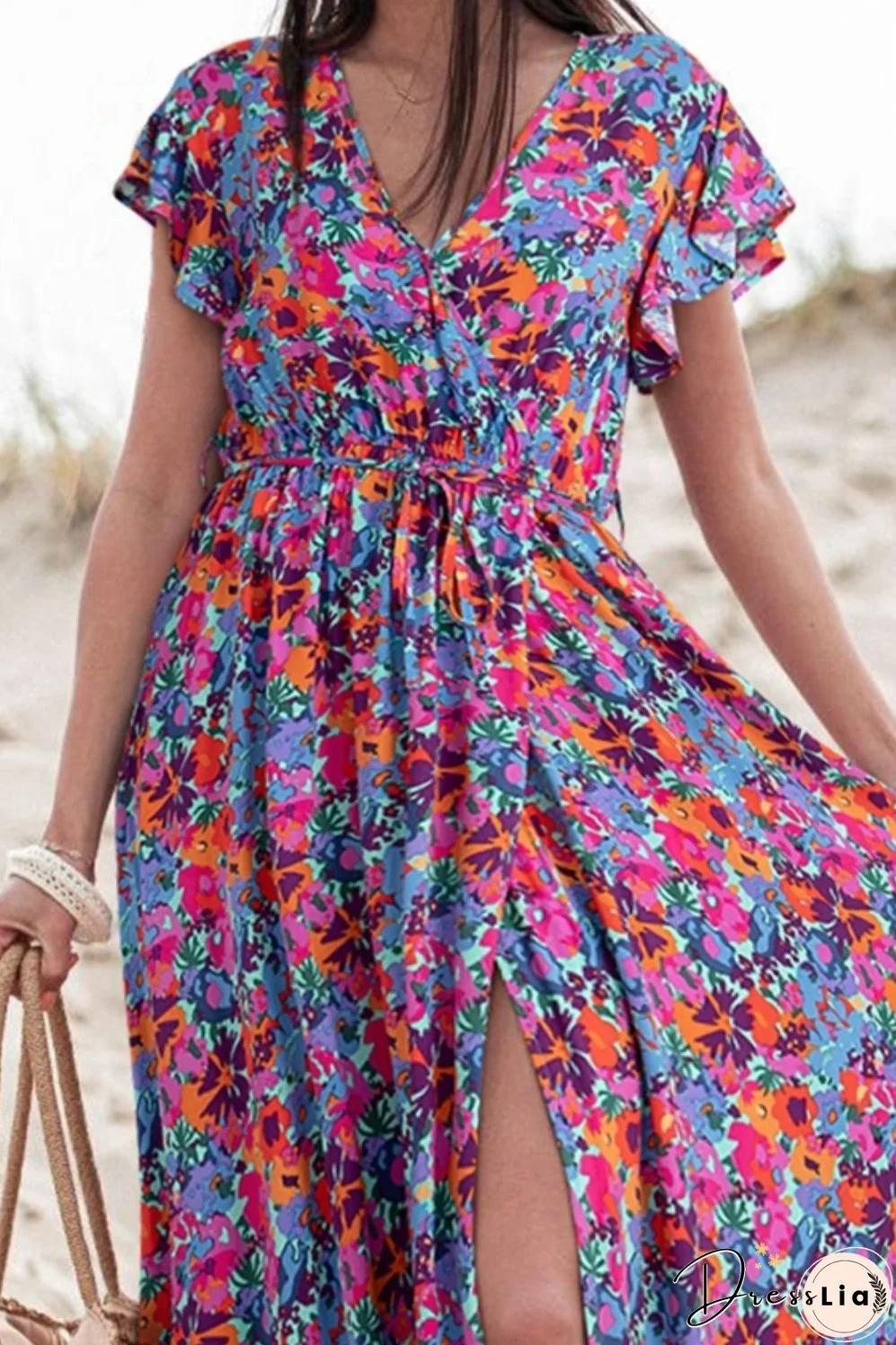 Slit Printed Cap Sleeve Maxi Dress