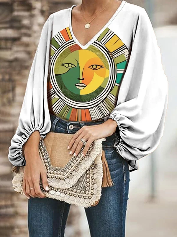 Long Sleeves Loose Elasticity Figure V-neck T-Shirts Tops