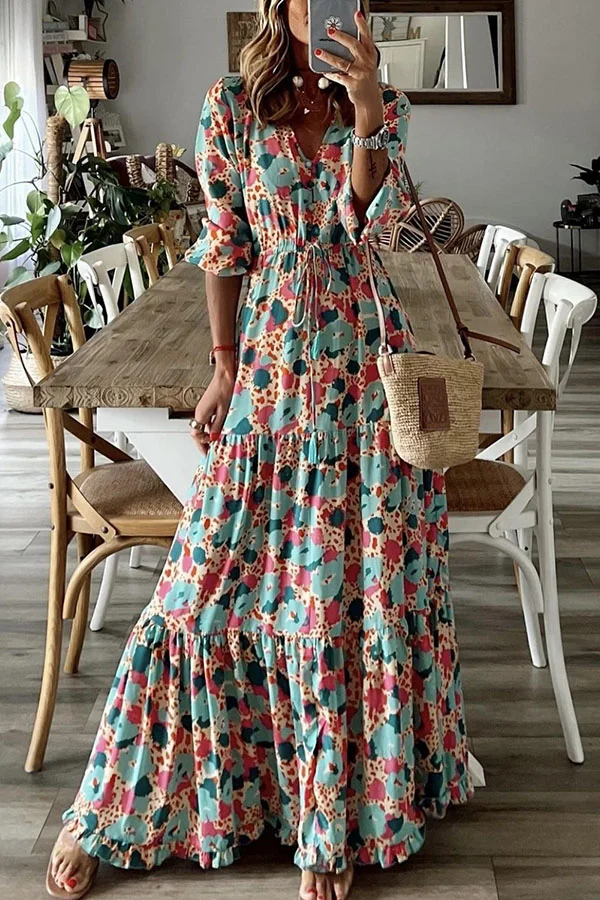 Elegant V-neck Bohemian Print Swing Dress