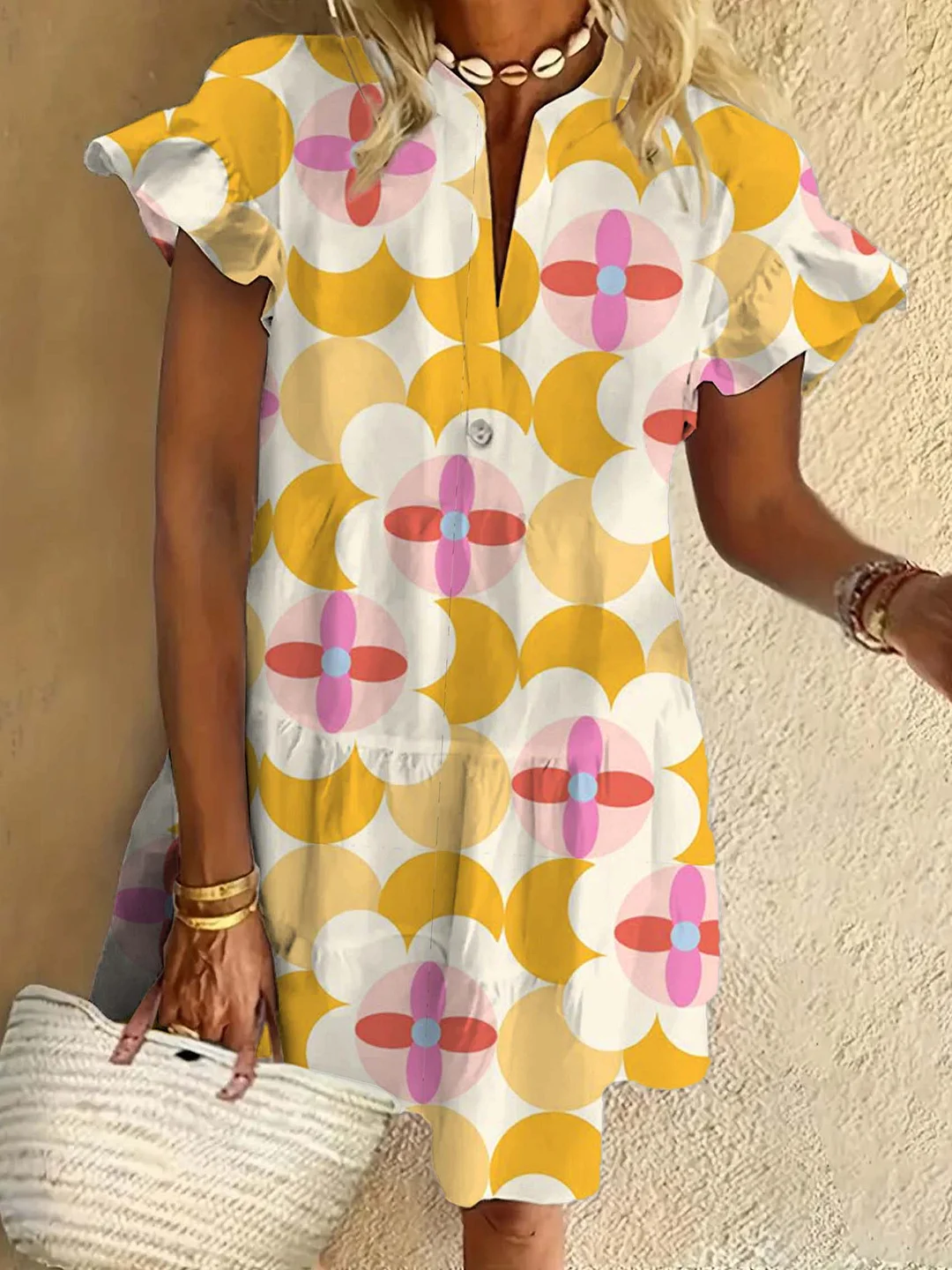 Yellow Geometric Floral Ruffled Short-sleeved V-neck Buttoned Dress Vacation Beach Dress